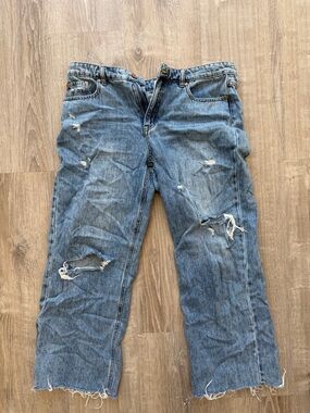 Tribal Distressed Wide Leg Jeans in Light Blue Denim